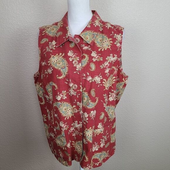 COLDWATER CREEK Vintage Brick Red Tan Paisley Button Vest Large (2014) - Picture 1 of 6